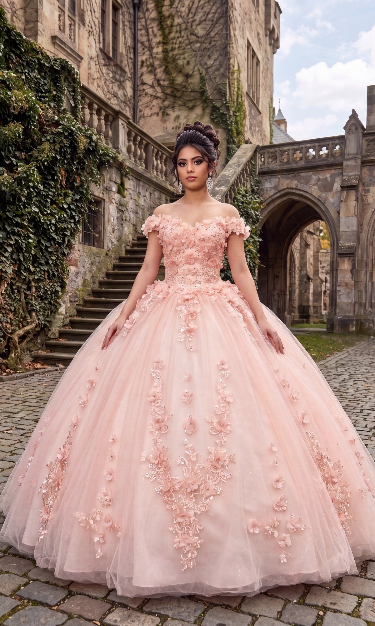 A woman stands on a cobblestone path in front of an old stone building draped with ivy, wearing the Quinceanera Dress CHF3034 By Chicas in blush, featuring ornate detailing and delicate floral appliqués.